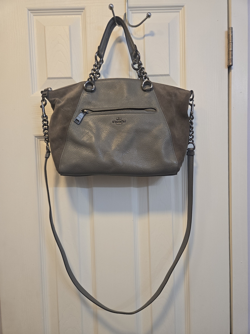 Coach Gray Leather & Suede Tote Bag with Chain Strap